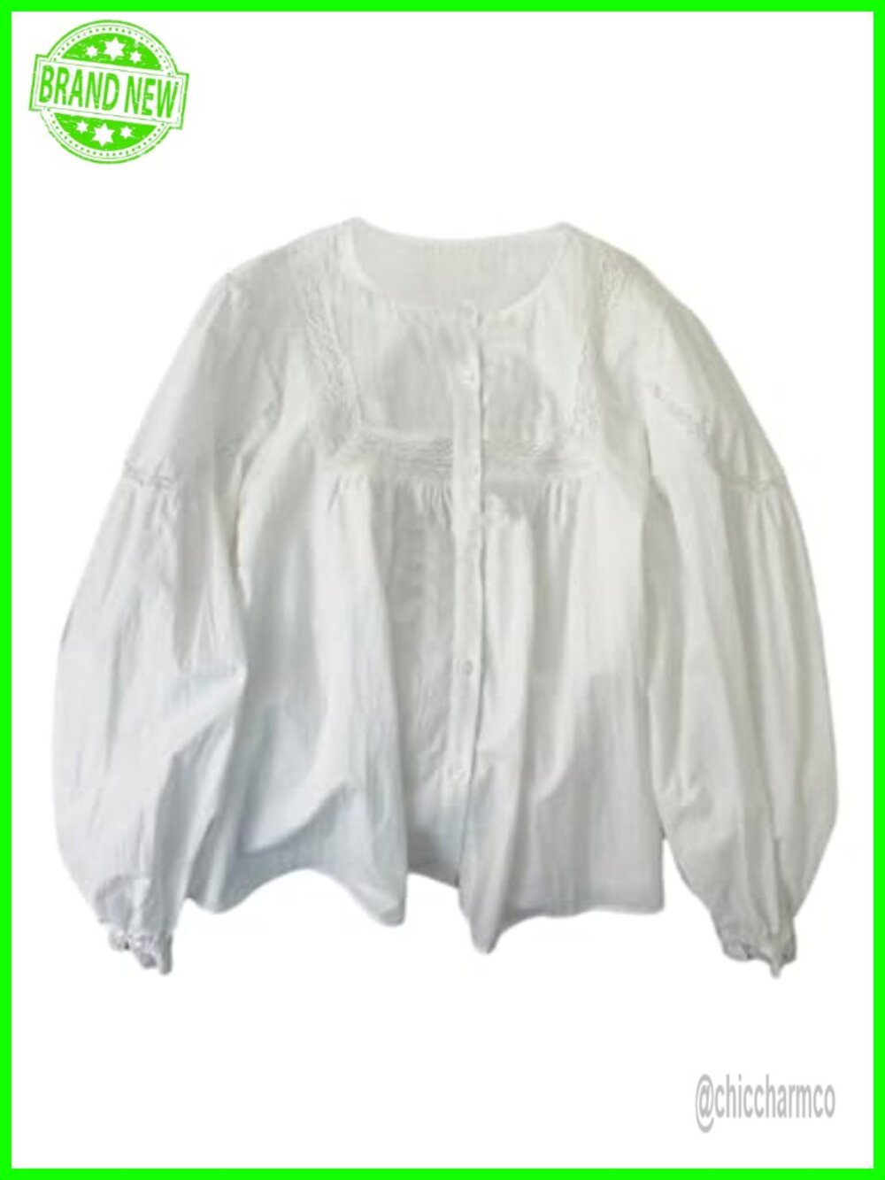 WDIRARA Women's Boho Contrast Lace Button Down Bishop Sleeve Blouse